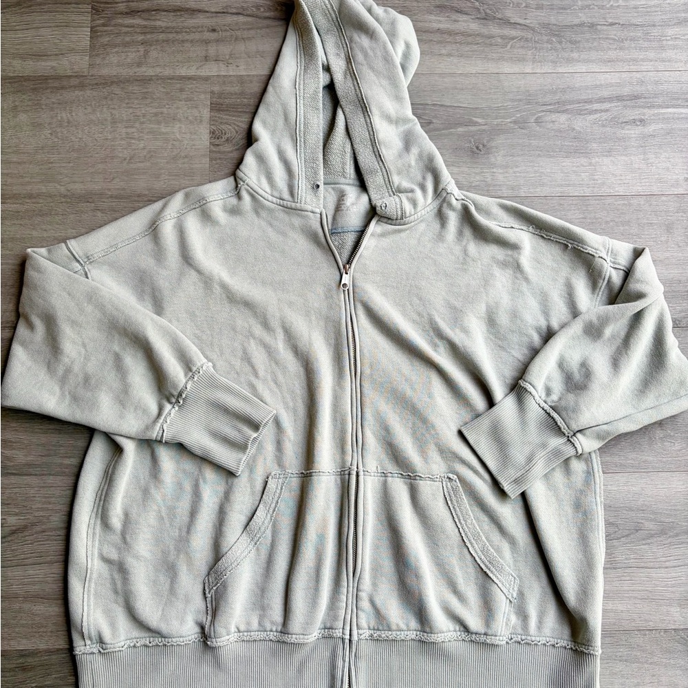 Aerie Distressed Zip Up Hoodie XL | Dusty Mint Oversized Loungewear Sweatshirt